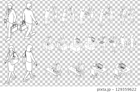 アイソメトリックイラスト:スーツ男女冬服アウトライン(モノクロ)2 アイソメトリックイラスト:スーツ男女冬服アウトライン(モノクロ)2 129359622