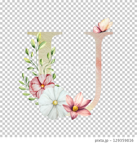 Watercolor letter U with floral ornament and soft foliage, gerbera, chamomile, echinacea. Delicate hand drawn alphabet, butterfly and botanical elements in elegant. Transparent PNG, perfect for Watercolor letter U with floral ornament and soft foliage, gerbera, chamomile, echinacea. Delicate hand drawn alphabet, butterfly and botanical elements in elegant. Transparent PNG, perfect for 129359816