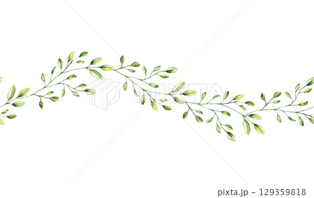 Green simple spring branch with leaves seamless banner, border. Watercolor twig. Hand drawn wildflower illustration isolated on background, transparent png. Botanical and wedding illustration. Baby Green simple spring branch with leaves seamless banner, border. Watercolor twig. Hand drawn wildflower illustration isolated on background, transparent png. Botanical and wedding illustration. Baby 129359818