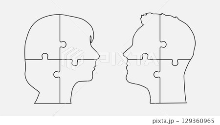 Head woman and man made puzzle pieces, education Head woman and man made puzzle pieces, education 129360965