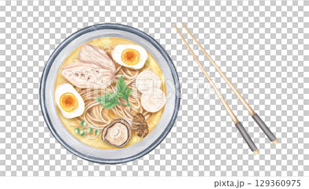 Asian ramen noodle soup with mushrooms, eggs, daikon and chicken slices watercolor illustration on isolated background. Japanese, Korean or Chinese broth in bowl with meat, vegetables and noodles. Asian ramen noodle soup with mushrooms, eggs, daikon and chicken slices watercolor illustration on isolated background. Japanese, Korean or Chinese broth in bowl with meat, vegetables and noodles. 129360975