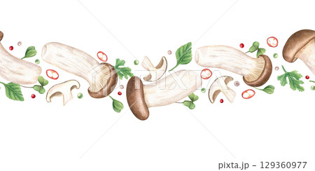 Fresh king oyster mushrooms, red pepper slices, herbs watercolor seamless banner on isolated background. Edible natural ingredients for Korean, Japanese, Chinese dishes horizontal pattern. 129360977