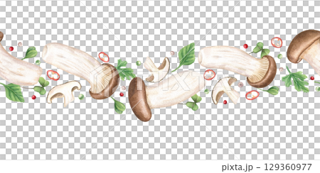 Fresh king oyster mushrooms, red pepper slices, herbs watercolor seamless banner on isolated background. Edible natural ingredients for Korean, Japanese, Chinese dishes horizontal pattern. 129360977