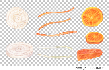 Fresh daikon and carrot cut into round slices and julienne strips watercolor food isolated illustration. Fresh natural healthy root vegetable ingredient for healthy recipe blogs, organic packaging. Fresh daikon and carrot cut into round slices and julienne strips watercolor food isolated illustration. Fresh natural healthy root vegetable ingredient for healthy recipe blogs, organic packaging. 129360980