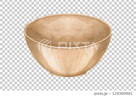 Traditional Asian ceramic bowl for soup or tea, painted watercolor. Empty food brown plate sketch on isolated background. Round Handmade pottery for menu design, cultural publication, oriental cuisine 129360981