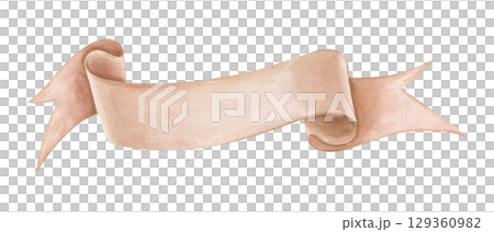 Hand painted watercolor waving banner ribbon with space for text. Flag tape in dusk pink colors. Decorative template isolated illustration for wedding invitations, labels, badges, romantic design. 129360982