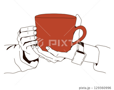 シンプルな線画の手元イラストシリーズ：赤いマグカップを両手で持つ手元 129360996