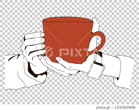 シンプルな線画の手元イラストシリーズ：赤いマグカップを両手で持つ手元 129360996