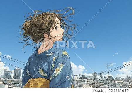 美優シリーズ：青空の下に立つ着物姿の若い女性 129361010