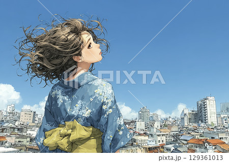 美優シリーズ：青空の下に立つ着物姿の若い女性 129361013