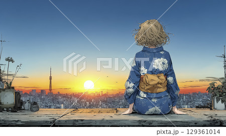 夕陽を見つめる着物姿の若い女性 夕陽を見つめる着物姿の若い女性 129361014