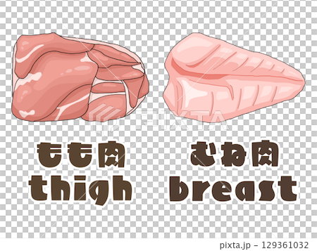 鶏むね肉と鶏もも肉のイラストセット(日英文字入り) 鶏むね肉と鶏もも肉のイラストセット(日英文字入り) 129361032