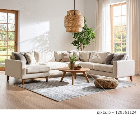 Bohemian Style Living Room with Sectional Couch Bohemian Style Living Room with Sectional Couch 129361124
