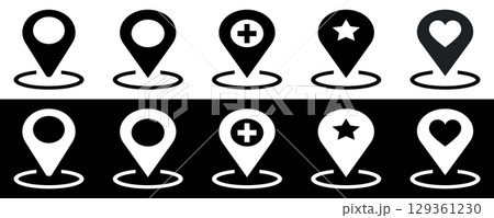Map location pin, favorite location marker. Map pointer with star, heart icon illustration. Map location pin, favorite location marker. Map pointer with star, heart icon illustration. 129361230