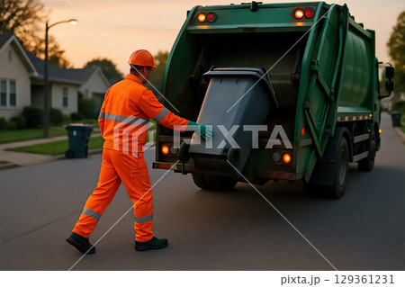 Dawn garbage pickup routine by sanitation worker on suburban street at sunrise 129361231