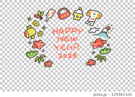 可愛的手繪新年賀卡，上面有新年吉祥物：2026 年、富士山、初升日出、松樹、竹子和梅花 129361328