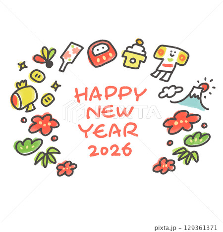 正月の縁起物の手描きのかわいい年賀状　2026 正方形・SNS・Insta用 129361371