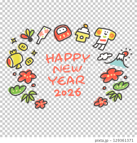 正月の縁起物の手描きのかわいい年賀状　2026 正方形・SNS・Insta用 129361371