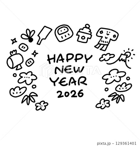 正月の縁起物の手描きのかわいいモノクロ線画年賀状　2026 正方形・SNS・Insta用 129361401