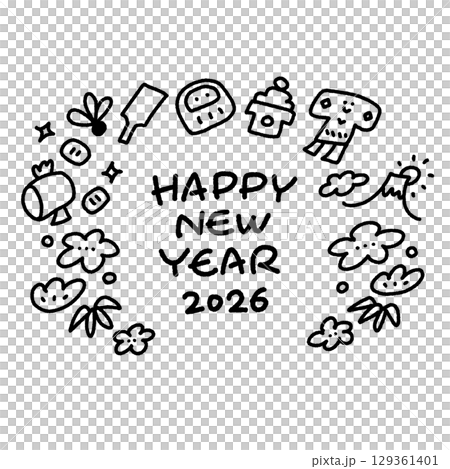 正月の縁起物の手描きのかわいいモノクロ線画年賀状　2026 正方形・SNS・Insta用 129361401