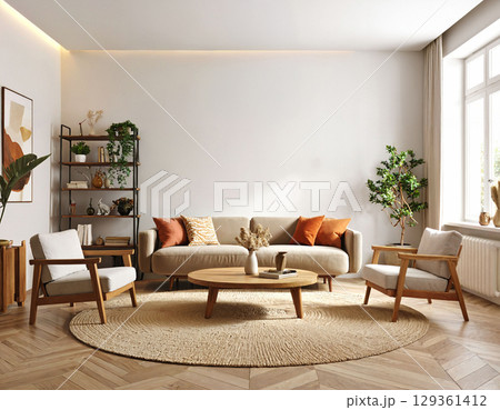 Warm and inviting mid century modern Living room 129361412