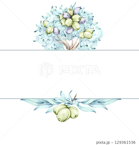 Olives and olive oil in watercolor illustrating the beauty of Italian cuisine and nature frame, border, arrangement Olives and olive oil in watercolor illustrating the beauty of Italian cuisine and nature frame, border, arrangement 129361536