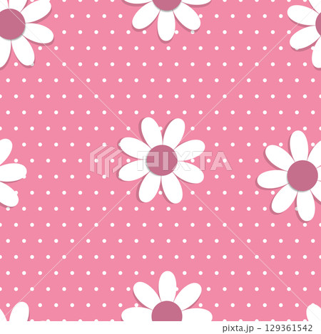 Seamless Floral Pattern with White Daisies and Polka Dots on Pink Background 129361542