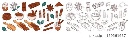 Collection of cinnamon spice element in color and outline, sticks, powder, coffee, bun, star anise leaves and dessert. Ideal for culinary packaging, recipe, menu and festive seasonal design. Collection of cinnamon spice element in color and outline, sticks, powder, coffee, bun, star anise leaves and dessert. Ideal for culinary packaging, recipe, menu and festive seasonal design. 129361687