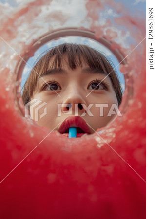Young Woman Enjoying Slushie Drink from Low Angle Young Woman Enjoying Slushie Drink from Low Angle 129361699