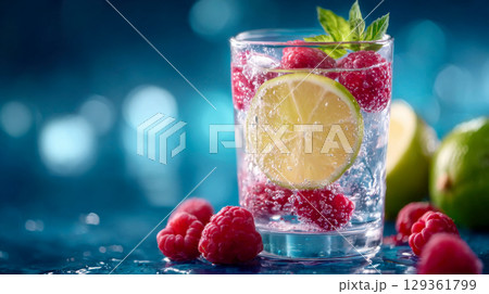 Refreshing detox drink with lime slices, raspberries, mint, and bubbles in a clear glass on a blue background 129361799