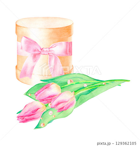 Watercolor illustration: festive composition of a box with a bow, a bouquet with tulips and pearls, hand-drawn. Isolated on a white background, suitable for the design of cards, congratulations, etc. 129362105