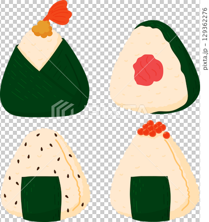 Set of onigiri. Japanese fast food made of rice with stuffing, molded in the form of a triangle in nori seaweed Set of onigiri. Japanese fast food made of rice with stuffing, molded in the form of a triangle in nori seaweed 129362276
