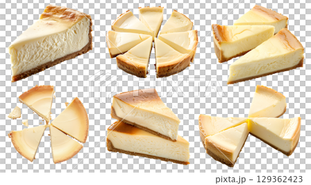 Set of classic traditional cheesecake cake pastry dessert, on transparent cutout, PNG file. Many assorted different angles, stack, broken, slice, pile. Mockup template for artwork 129362423