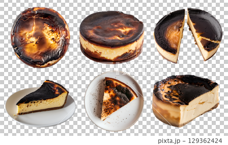 Set of burnt crustless Basque cheesecake cake pastry dessert, on transparent cutout, PNG file. Many assorted different angles, stack, broken, slice, pile. Mockup template for artwork 129362424