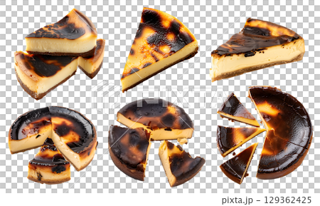 Set of burnt crustless Basque cheesecake cake pastry dessert, on transparent cutout, PNG file. Many assorted different angles, stack, broken, slice, pile. Mockup template for artwork 129362425