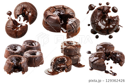 Set of Molten Chocolate lava cake pastry dessert with gooey filling on transparent cutout, PNG file. Many assorted different angles, stack, broken, slice, pile. Mockup template for artwork Set of Molten Chocolate lava cake pastry dessert with gooey filling on transparent cutout, PNG file. Many assorted different angles, stack, broken, slice, pile. Mockup template for artwork 129362426