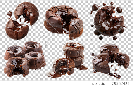 Set of Molten Chocolate lava cake pastry dessert with gooey filling on transparent cutout, PNG file. Many assorted different angles, stack, broken, slice, pile. Mockup template for artwork 129362426