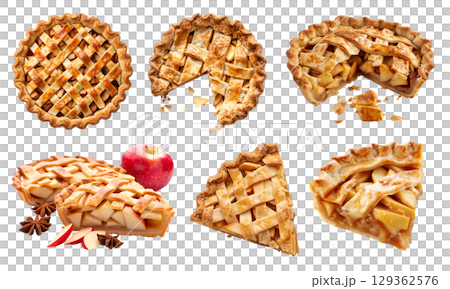 Set of classic tradition lattice apple pie tart tartlet pastry dessert, on transparent cutout, PNG file. Many assorted different angles, stack, broken, slice, pile. Mockup template for artwork 129362576