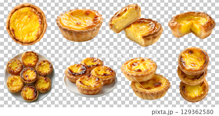 Egg tart custard Pastel de nata pastry on transparent cutout, PNG file. Many assorted different angles, stack, broken, pile. Mockup template for artwork 129362580