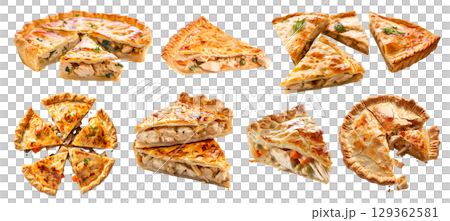 Set of classic tradition meat Chicken Pot Pie tart tartlet pastry dessert, on transparent cutout, PNG file. Many assorted different angles, stack, broken, slice, pile. Mockup template for artwork 129362581