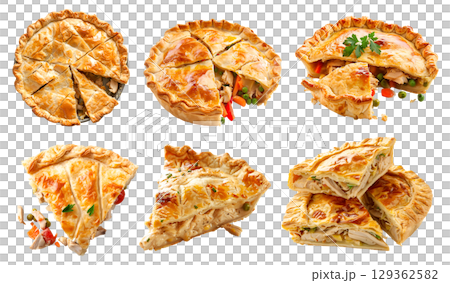 Set of classic tradition meat Chicken Pot Pie tart tartlet pastry dessert, on transparent cutout, PNG file. Many assorted different angles, stack, broken, slice, pile. Mockup template for artwork 129362582