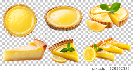 Set of classic tradition lemon pie tart tartlet pastry dessert, on transparent cutout, PNG file. Many assorted different angles, stack, broken, slice, pile. Mockup template for artwork 129362583