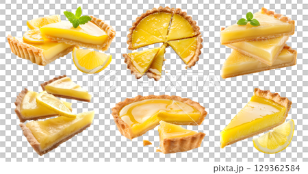 Set of classic tradition lemon pie tart tartlet pastry dessert, on transparent cutout, PNG file. Many assorted different angles, stack, broken, slice, pile. Mockup template for artwork 129362584