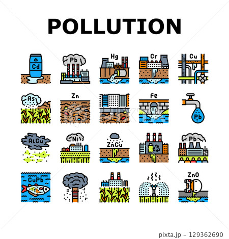 heavy metal pollution icons set vector 129362690