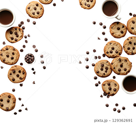 Chocolate chip cookie cookies food biscuits and coffee scattered composition flat lay overhead top view on transparent template cutout, PNG file. Mockup frame for artwork. Wallpaper banner border 129362691