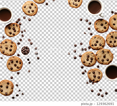 Chocolate chip cookie cookies food biscuits and coffee scattered composition flat lay overhead top view on transparent template cutout, PNG file. Mockup frame for artwork. Wallpaper banner border 129362691