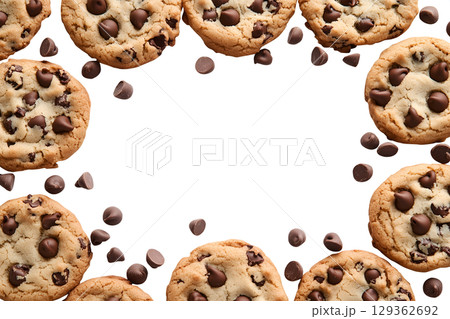 Chocolate chip cookie cookies food biscuits scattered flat lay composition overhead top view on transparent template cutout, PNG file. Mockup frame for artwork. Wallpaper banner border 129362692