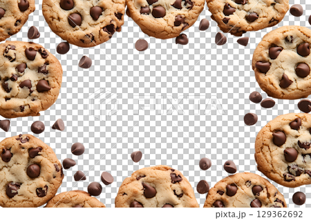 Chocolate chip cookie cookies food biscuits scattered flat lay composition overhead top view on transparent template cutout, PNG file. Mockup frame for artwork. Wallpaper banner border 129362692
