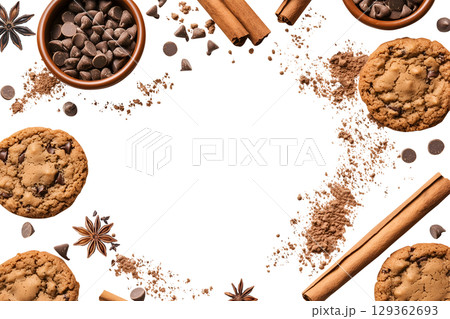 Chocolate chip cookie cookies food biscuits, cocoa powder, cinnamon, star anise ingredient, broken pieces scattered flat lay top view on transparent template cutout PNG. Mockup frame for artwork 129362693