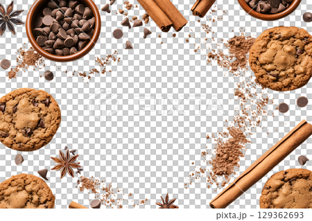 Chocolate chip cookie cookies food biscuits, cocoa powder, cinnamon, star anise ingredient, broken pieces scattered flat lay top view on transparent template cutout PNG. Mockup frame for artwork 129362693